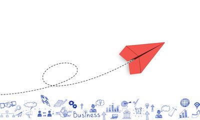 fast growing business leader, successful business and leadership concept, Red paper plane flying in white background, business icons.