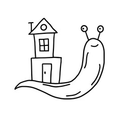 Vector linear black and white image of a snail with a house. The illustration is hand-drawn in doodle style.