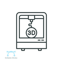 3d printing icon, Three print, printer, manufacturing New Product Development, future technology symbol. Modern outline style. editable stroke vector illustration design on white background. EPS 10