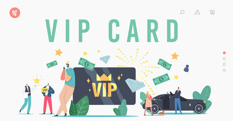 VIP Card, Celebrity Persons Lifestyle Landing Page Template. Characters with Gold Cards Premium Service, Woman with Dog
