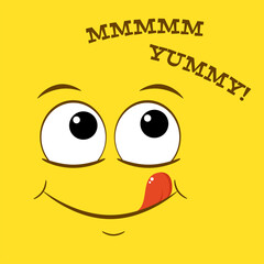 Smiling yummy emoticon on yellow background