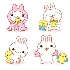 Set of kawaii bunny and duckling. Cute little duck and rabbit friends