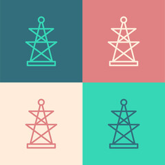 Pop art line Electric tower used to support an overhead power line icon isolated on color background. High voltage power pole line. Vector