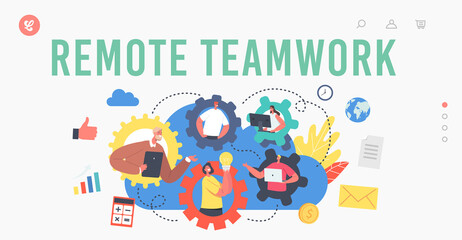 Obraz premium Remote Teamwork Landing Page Template. Webcam Group Conference with Coworkers. Business Characters, Online Video Call