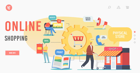 Fototapeta na wymiar Online Shopping Landing Page Template. Omnichannel, Digital Marketing, Communication Channel Between Seller and Customer