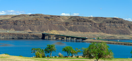 Panoramic view of the Vantage Bridge of Interstate 90 crossing the Columbia River, Washington, USA