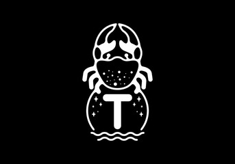 White black crab line art with T initial letter