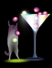 Сocktail party. Dancing cat and martini glass with on a black background. 