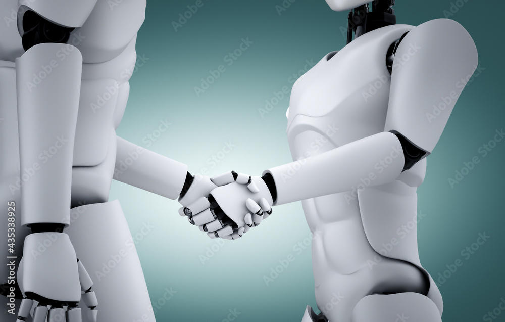 Poster 3d rendering humanoid robot handshake to collaborate future technology development by ai thinking br