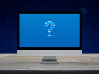 Question mark sign flat icon with modern laptop computer on wooden table over fantasy night sky and moon, Business customer service and support online concept