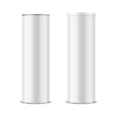 Vector 3d Realistic Blank Glossy White Metal Tin Can, Canned Food, Potato Chips Packaging With Lid Set Isolated On White Background. Big Size. Design Template, Mockup. Front View