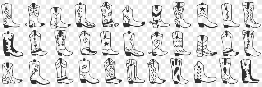 Various cowboy boots doodle set. Collection of hand drawn various high boots in cowboy style for wearing in rows isolated on transparent background 