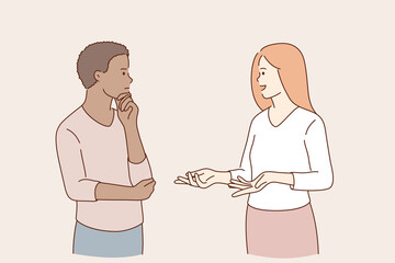 Obraz premium Communication and talking concept. Young couple of mixed race woman and man standing and talking discussing things chatting about problems communicating vector illustration 