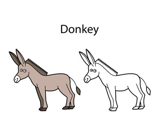 Funny cute animal donkey isolated on white background. Linear, contour, black and white and colored version. Illustration can be used for coloring book and pictures for children