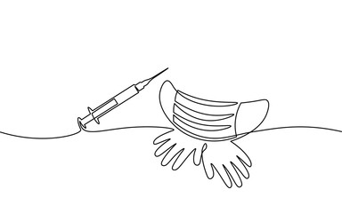 Vaccine syringe one single line art concept. Pandemic COVID coronavirus safe hand drawn sketch. Injection epidemia pneumonia allergy white monochrome vector illustration