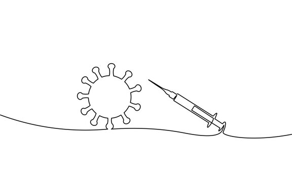 recommend clip art: Vaccine syringe one single line art concept. Pandemic COVID coronavirus safe hand drawn sketch. Injection epidemia pneumonia allergy white monochrome vector illustration