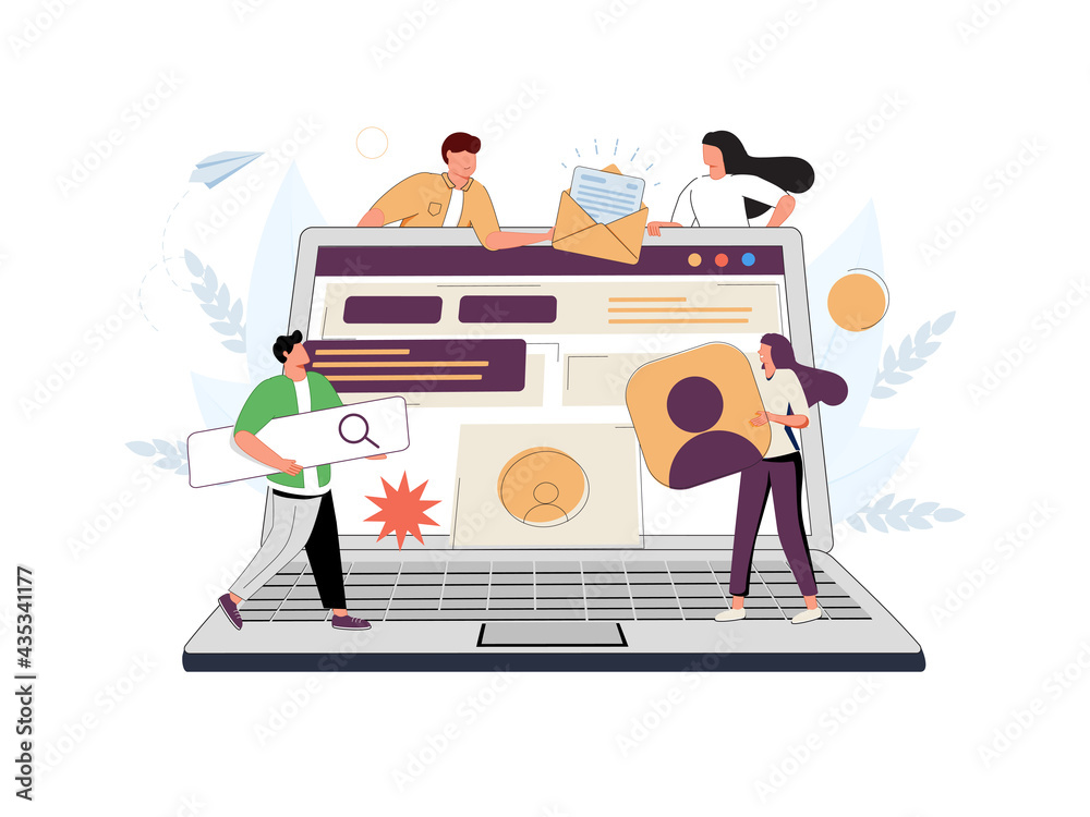 Wall mural a team of people is developing a website by filling it with functions, concept vector illustration f