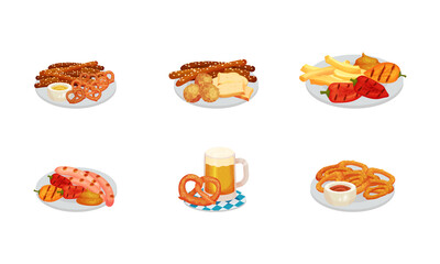 Festive Food for Oktoberfest Celebration with Grilled Sausages and Pretzel Rested on Plates Vector Set