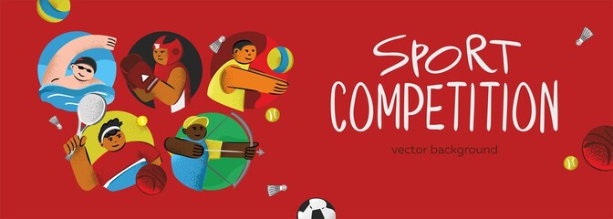 Banner template for sports competitions. Set by athlete with symbols of sports games isolated on red. Emblems of outdoor activities. Poster, card for children's competitions. Vector illustration.