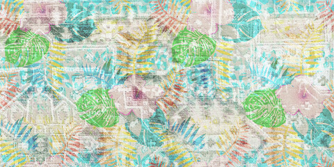 Digital tiles design. Digital fresco, wallpaper. 3D render ceramic wall tiles decoration. Abstract tropical palm monstera pattern with geometric and floral ornaments, Vintage tiles intricate details 