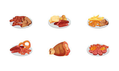 Festive Food for Oktoberfest Celebration with Grilled Sausages and Bread Slices Rested on Plate Vector Set