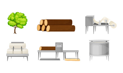 Paper Production with Lumber Cutting and Crushing into Wood Dust Vector Set