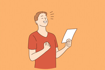 Positive emotions, celebrating concept. Young smiling happy boy cartoon character standing with note or letter feeling excited with news celebrating vector illustration 