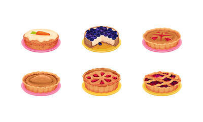 Sweet Homemade Pies with Filling and Crusts Made of Shortcrust Pastry Vector Set