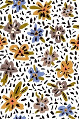 Botanical Seamless pattern with abstract flowers. Pastel colors, naive style. Fashionable floral design. Children's design. Hand drawing. Background for textile, paper and other print and web project