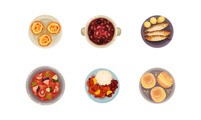 Portuguese Dishes and Main Courses with Boiled Beans and Buns with Cream View from Above Vector Set
