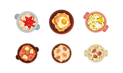 Fototapeta na wymiar Portuguese Dishes and Main Courses with Garnished Scrambled Egg and Rice with Mushroom View from Above Vector Set
