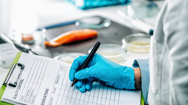 Food Safety and Quality Management. Inspector Filling Out Quality Control Form in a Laboratory