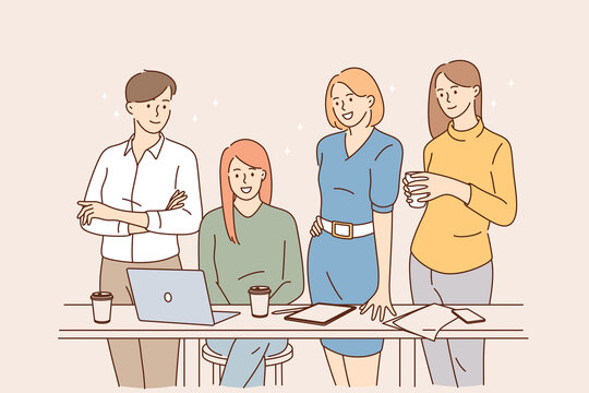Teamwork, brainstorm, working in office concept. Group of young positive people business partners workers colleagues standing and discussing corporate development in office vector illustration 