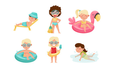 Children at Sea Shore Playing Sunbathing and Swimming in Water Vector Set