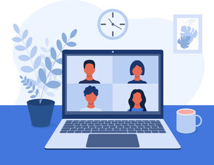 Video conference, online video communication with colleagues, friends, and students in a home or office environment. Remote work, training. Laptop screen with four people. Vector illustration in flat