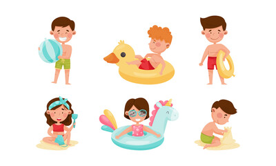 Children at Sea Shore Playing, Sunbathing and Swimming in Water Vector Illustration Set