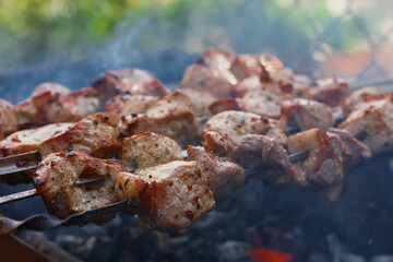 Shish Kebab skewer grill. Delicious background of roast pork, beef. The concept of summer outdoor recreation, picnic. Cooking meat on an open fire. Delicious crispy toasted barbecue. Atmospheric smoke