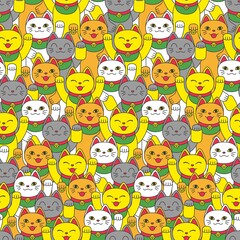 Fototapeta premium Seamless pattern with maneki neko. A lucky Asian smiling cat. Vector illustration