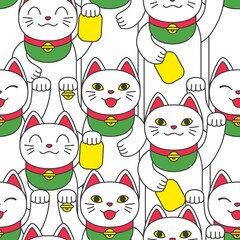 Seamless pattern with maneki neko. A lucky Asian smiling cat. Vector illustration