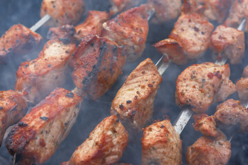 Shish Kebab skewer grill. Delicious background of roast pork, beef. The concept of summer outdoor recreation, picnic. Cooking meat on an open fire. Delicious crispy toasted barbecue. Atmospheric smoke