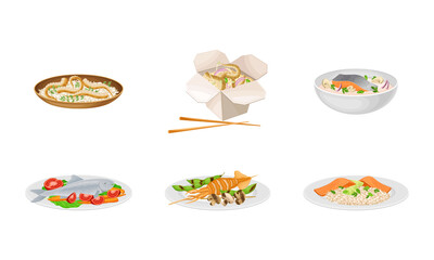 Salmon Soup and Noodles with Octopus as Seafood Dishes Vector Set
