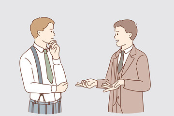 Business Communication and expertise concept. Young businessmen colleagues workers standing and talking discussing things chatting about problems communicating vector illustration 