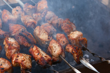 Shish Kebab skewer grill. Delicious background of roast pork, beef. The concept of summer outdoor recreation, picnic. Cooking meat on an open fire. Delicious crispy toasted barbecue. Atmospheric smoke