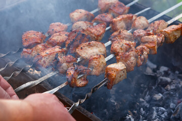 Shish Kebab skewer grill. Delicious background of roast pork, beef. The concept of summer outdoor recreation, picnic. Cooking meat on an open fire. Delicious crispy toasted barbecue. Atmospheric smoke
