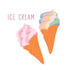 Soft ice cream in a waffle cone. Outline vector illustration on a white background.