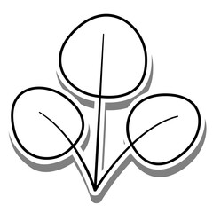 Black line cartoon simple three leaves on white silhouette and gray shadow. Icon Emoji for decoration or any design. Vector illustration of nature.