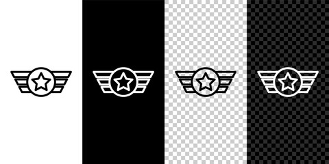 Set line Star American military icon isolated on black and white, transparent background. Military badges. Army patches. Vector