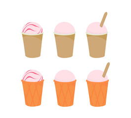 Ice cream in a cup. A paper container. Waffle cup. Outline vector illustration on a white background.