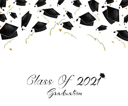 Class of 2021 graduation congratulations background, watercolor illustration decoration elements