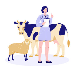 Veterinarian with a cow and sheep. Health check. Preparing for vaccination. Vector illustration in flat cartoon style. Isolated on a white background.